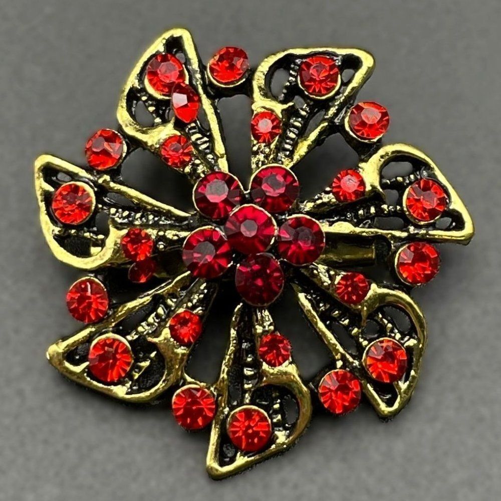 Yellow Gold with Ruby Red and Garnet Red Crystal Pinwheel Flower Pin Back Brooch